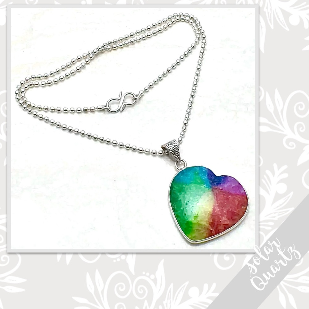 Rainbow Solar Quartz Silver Artisan Heart Necklace 18” (Blue Green Yellow Red)